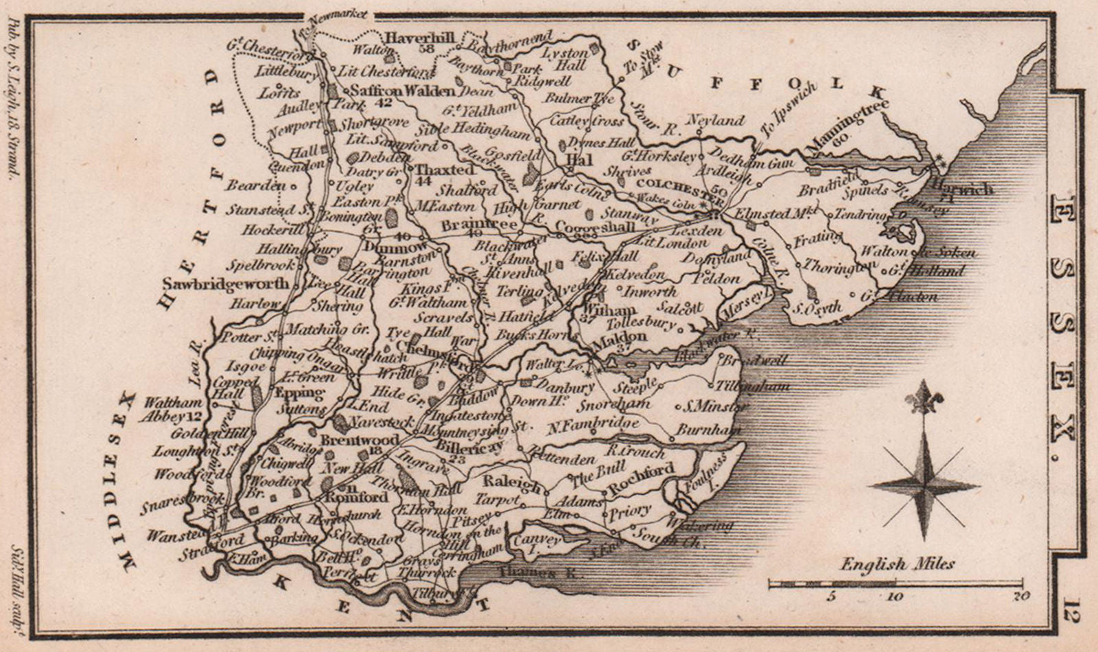 Essex miniature county map by Samuel Leigh / Sidney Hall c1820 old antique